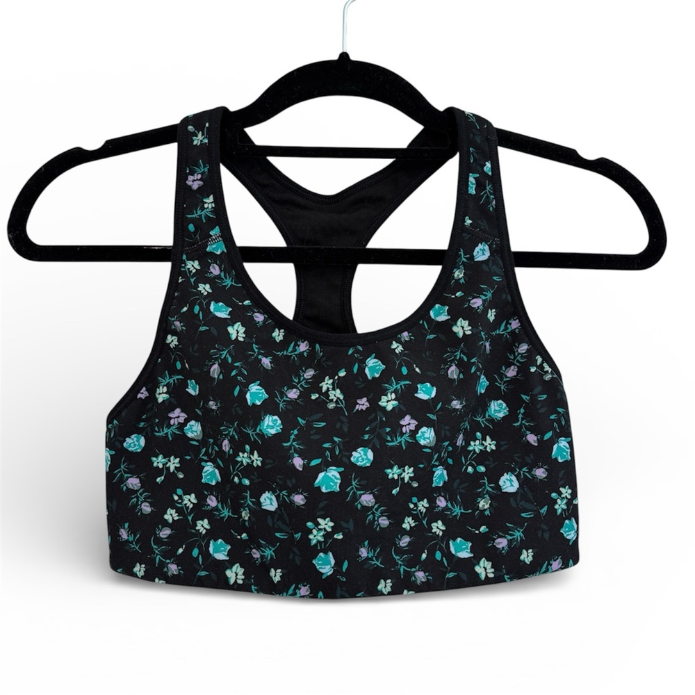 Old Navy Womens Active Go-Dry Floral Racerback Sports Bra Size Medium Black Teal